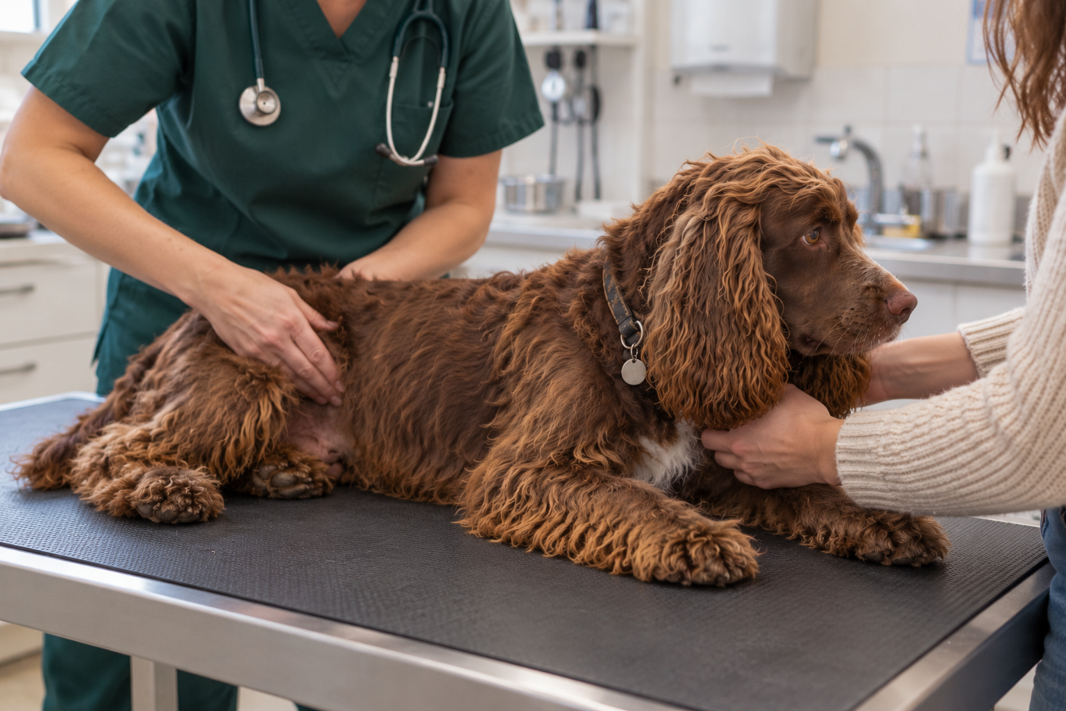 Veterinárne vyšetrenie psa pri podozrení na Giardiu Veterinár vyšetruje brucho hnedého kokeršpaniela na ambulancii